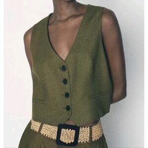 Zara Linen Blend Four Button Waistcoat Vest Green Size XS NWT